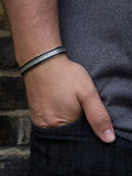 Hoxton London herringbone leather cuff bangle in silver and black, imported from the UK