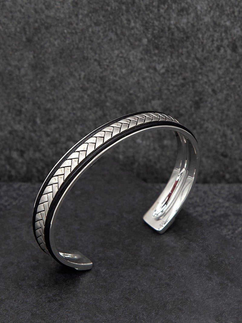 Hoxton London herringbone leather cuff bangle in silver and black, imported from the UK