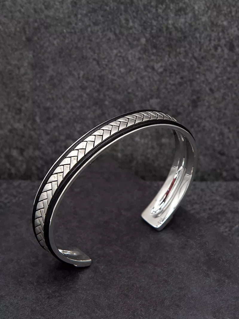 Hoxton London herringbone leather cuff bangle in silver and black, imported from the UK