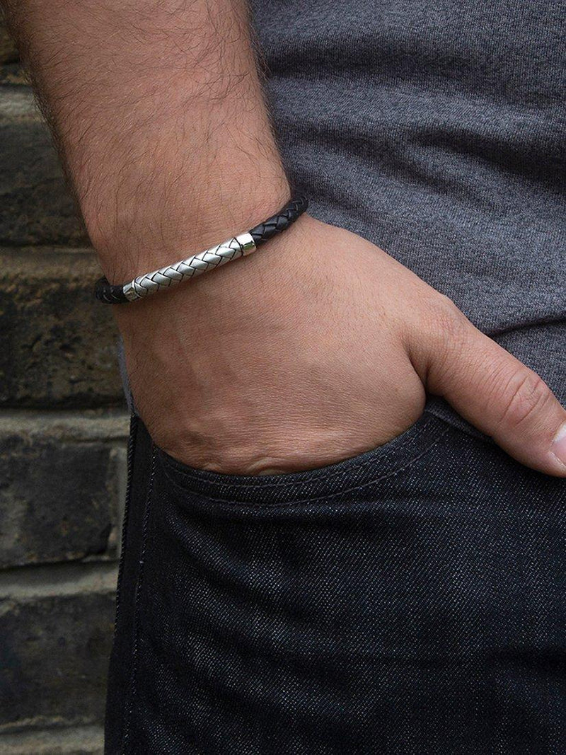Hoxton London black silver herringbone braided leather bracelet (British brand)