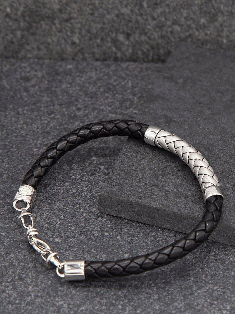 Hoxton London black silver herringbone braided leather bracelet (British brand)