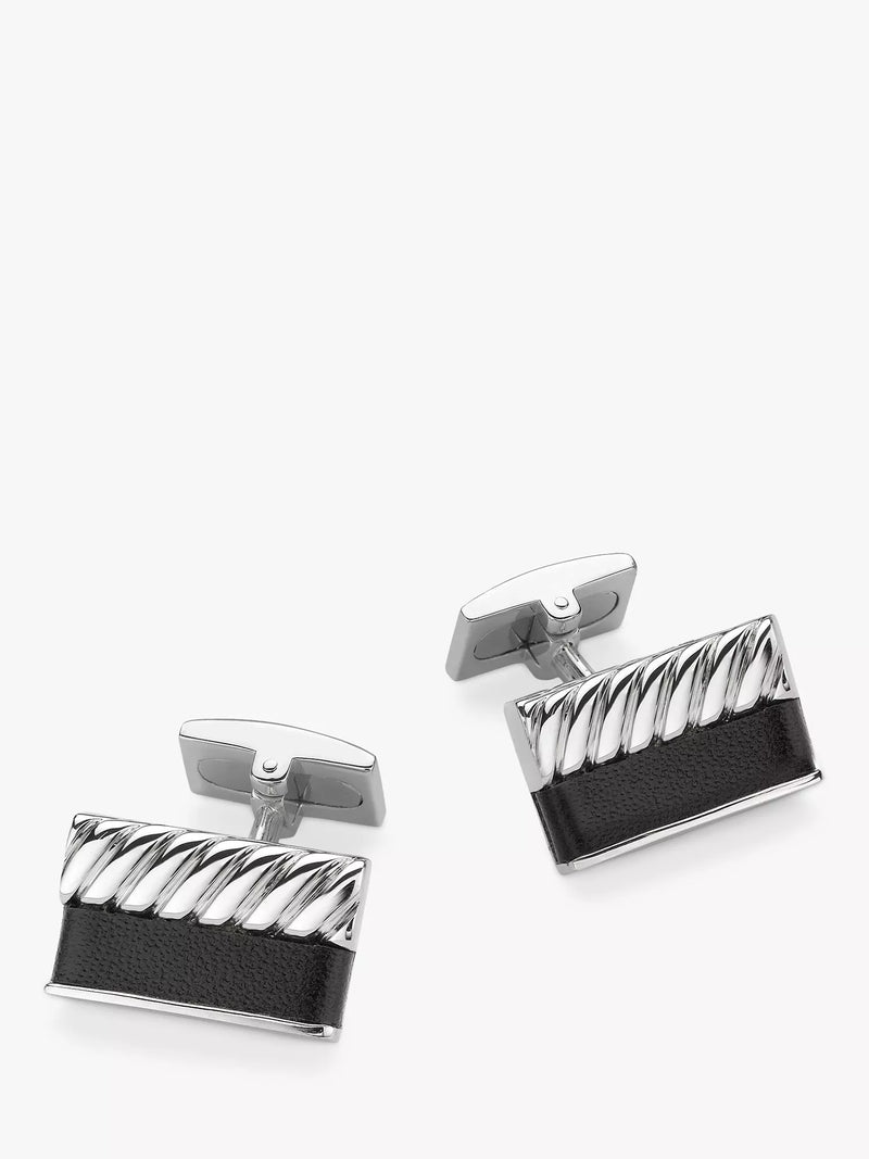 Hoxton London bold leather twist rectangle cufflinks silver black (British brand)