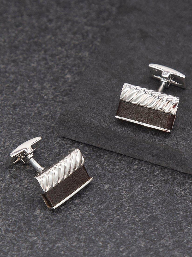 Hoxton London bold leather twist rectangle cufflinks silver black (British brand)