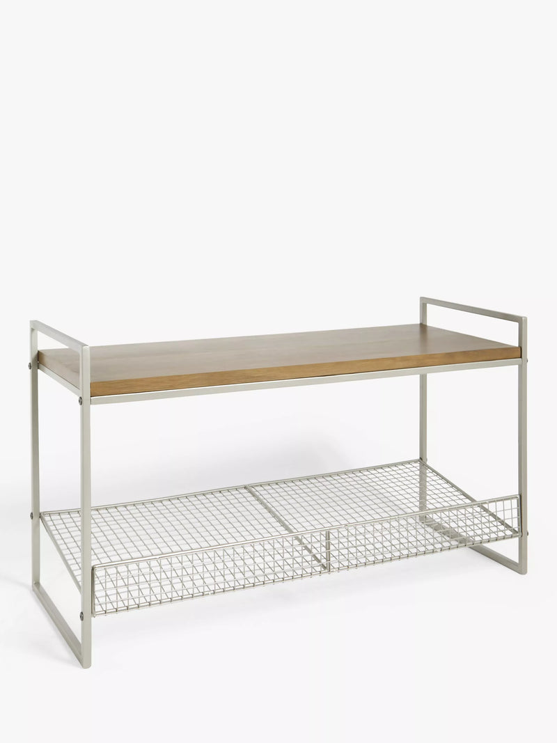 John Lewis shoe rack bench with grey wire mesh and wood top, UK version