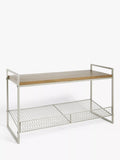 John Lewis shoe rack bench with grey wire mesh and wood top, UK version