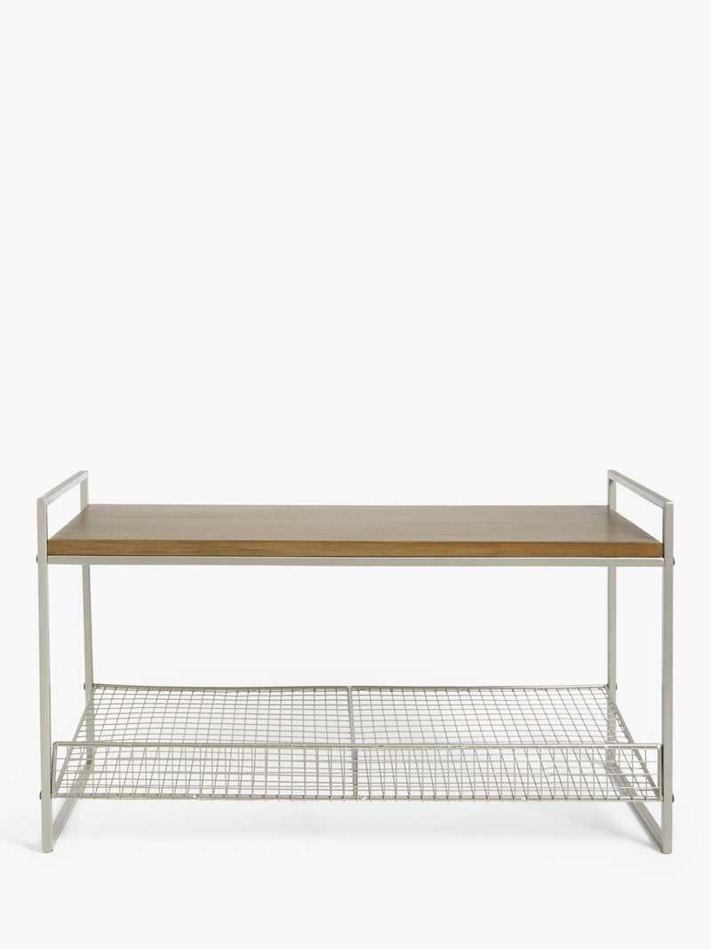 John Lewis shoe rack bench with grey wire mesh and wood top, UK version