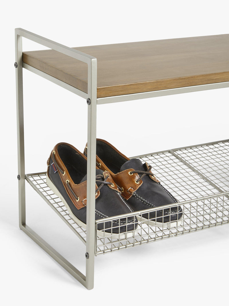 John Lewis shoe rack bench with grey wire mesh and wood top, UK version
