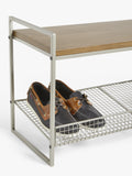 John Lewis shoe rack bench with grey wire mesh and wood top, UK version
