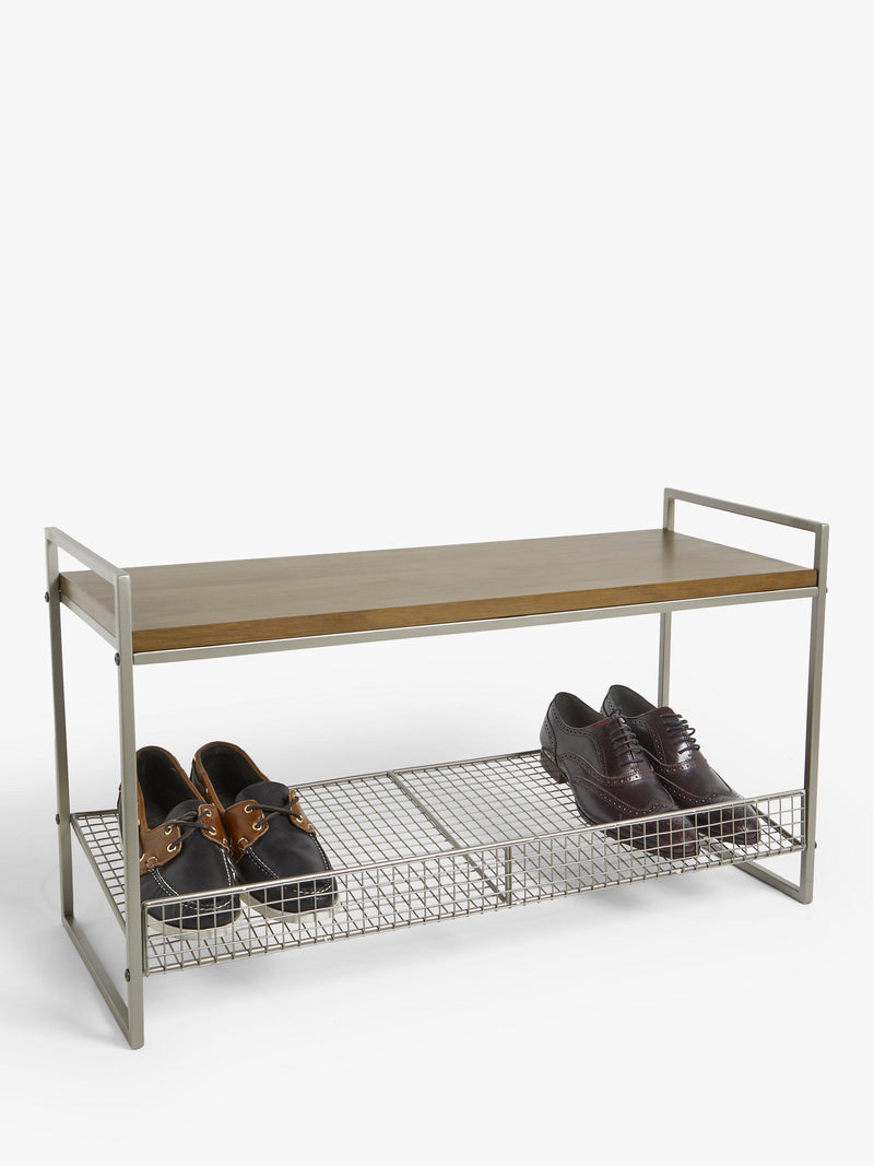 John Lewis shoe rack bench with grey wire mesh and wood top, UK version