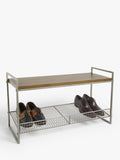 John Lewis shoe rack bench with grey wire mesh and wood top, UK version