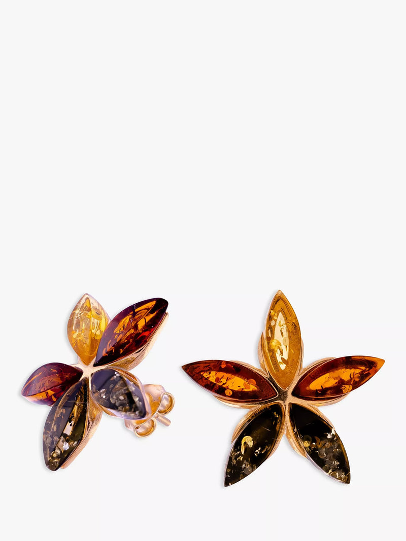 Be-Jewelled amber flower stud earrings gold multi, imported from the UK