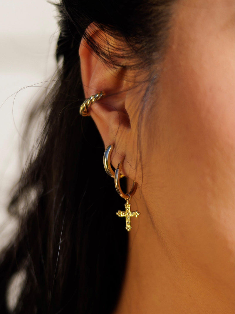 LARNAUTI beaded cross charm hoop earrings gold 18 carat (British brand)