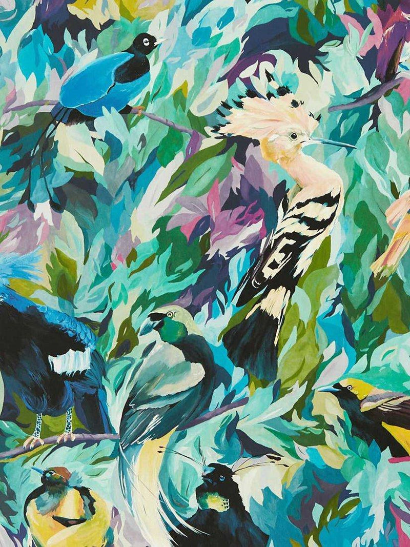 Harlequin birds of paradise patterned wallpaper, UK version