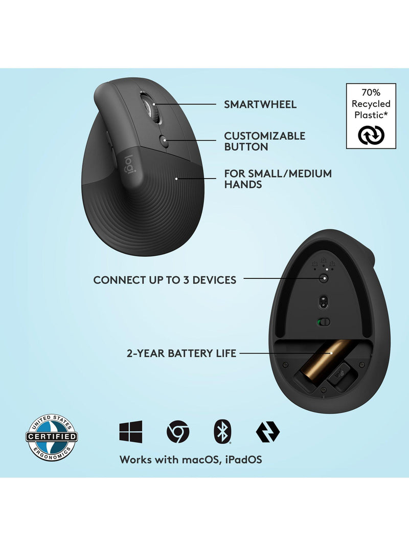 Logitech Lift vertical ergonomic mouse graphite, imported from the UK