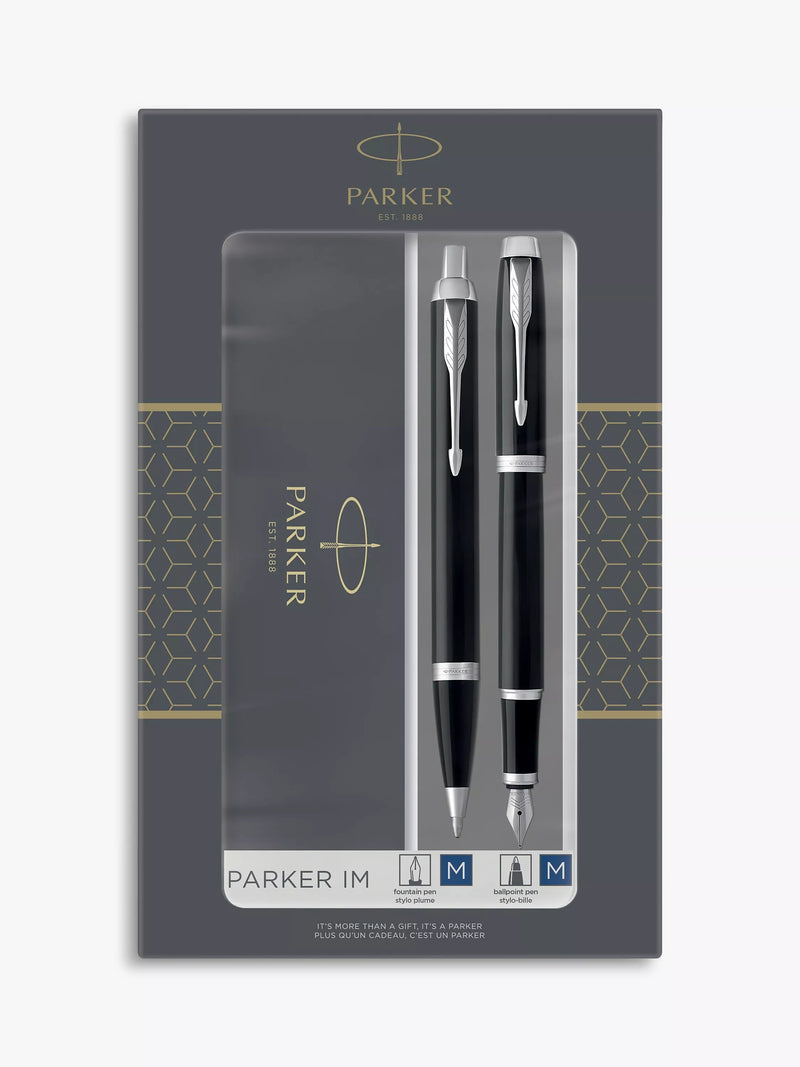 Parker IM black chrome trim ballpoint and fountain pen set, UK version