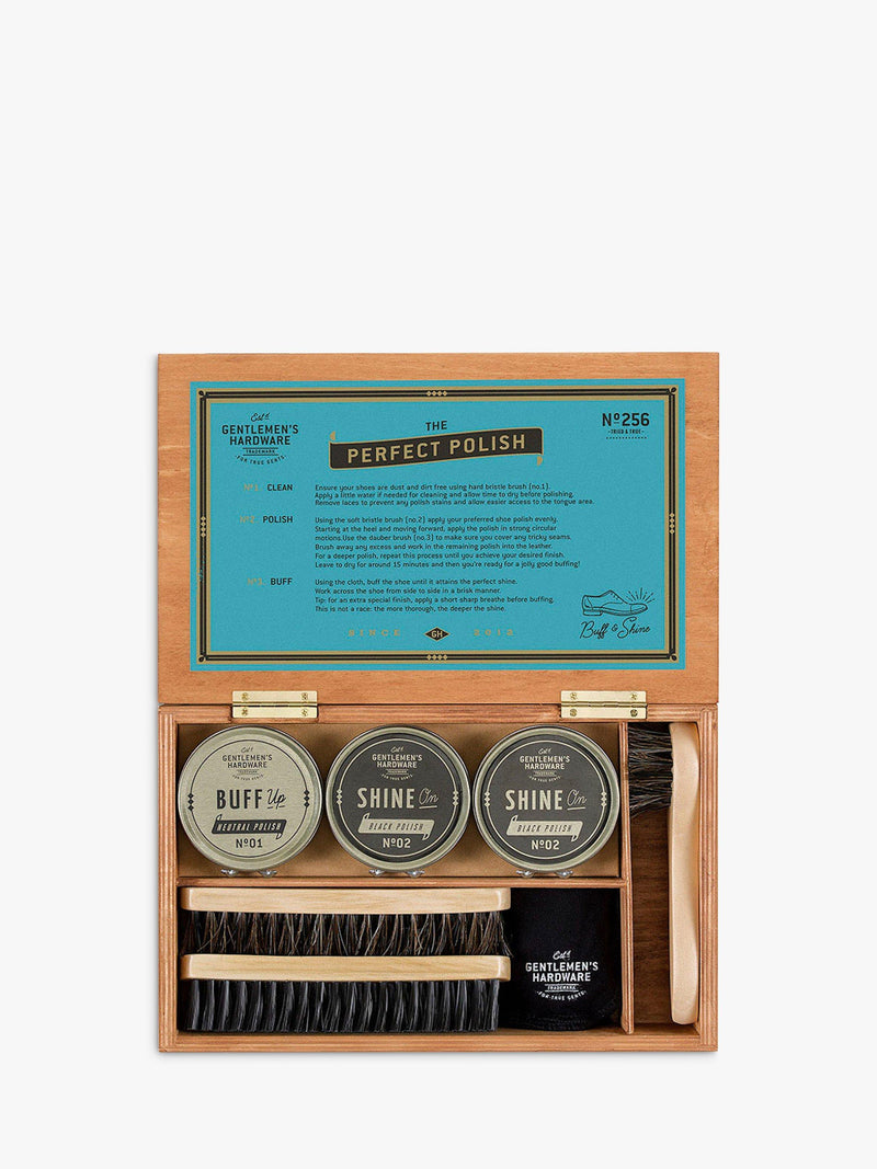 Gentlemen's Hardware shoe shine box with polish and brushes, UK version