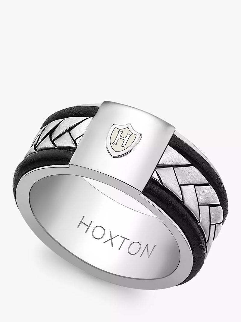 Hoxton London leather herringbone band ring silver and black - British brand