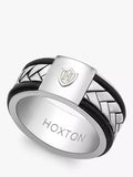 Hoxton London leather herringbone band ring silver and black - British brand