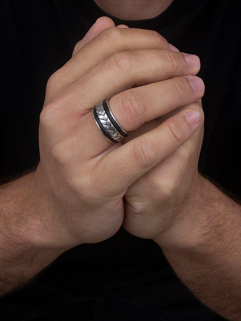 Hoxton London leather herringbone band ring silver and black - British brand