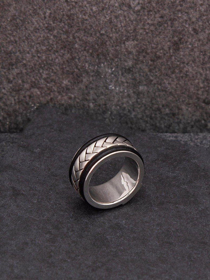 Hoxton London leather herringbone band ring silver and black - British brand