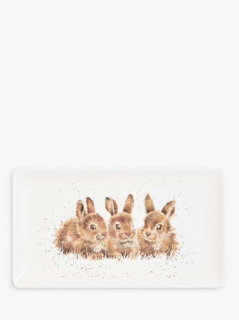 Rectangular Bone China Tray with Bunny Illustration, 20cm