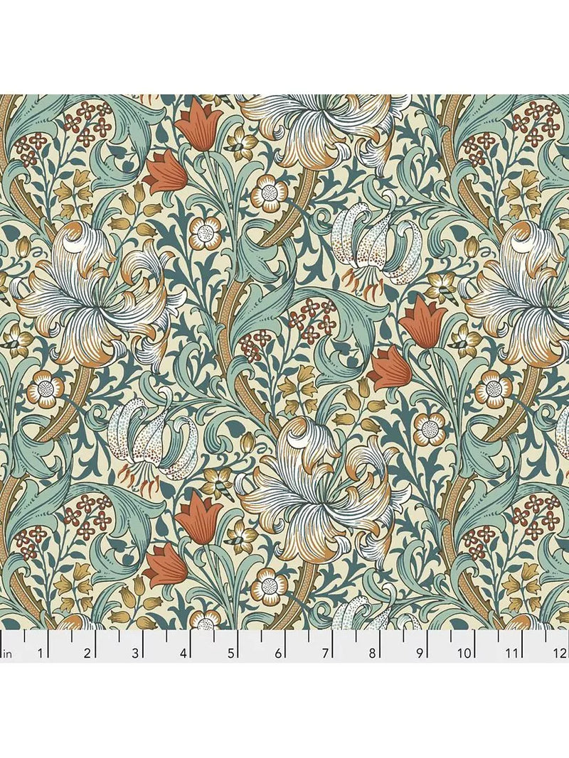 Morris & Co woven fabric Golden Lily Autumn 110cm, imported from the UK