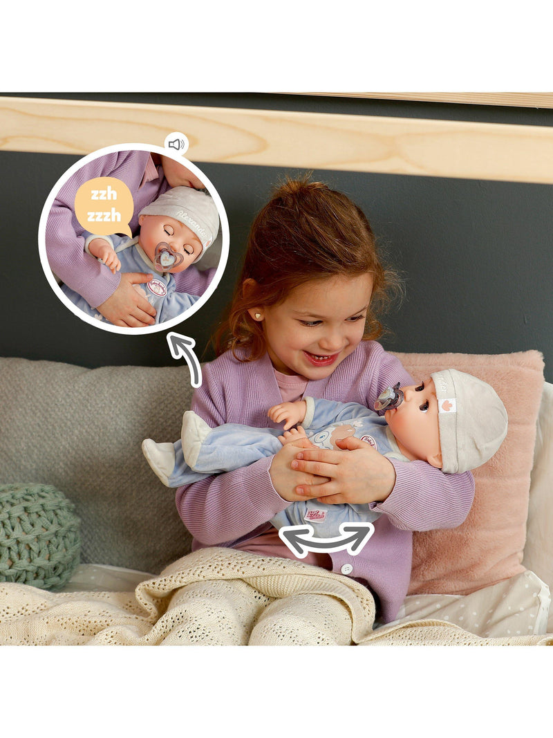 Baby Annabell Active Alexander 43cm doll with blue romper (British brand)