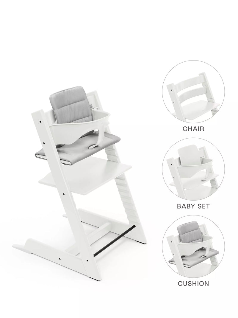 Stokke Tripp Trapp highchair white bundle with Baby Set and cushion, UK version