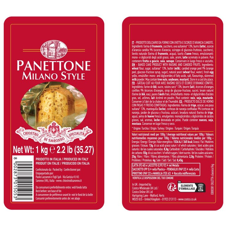 Lazzaroni classic panettone raisin candied orange 1kg, UK version