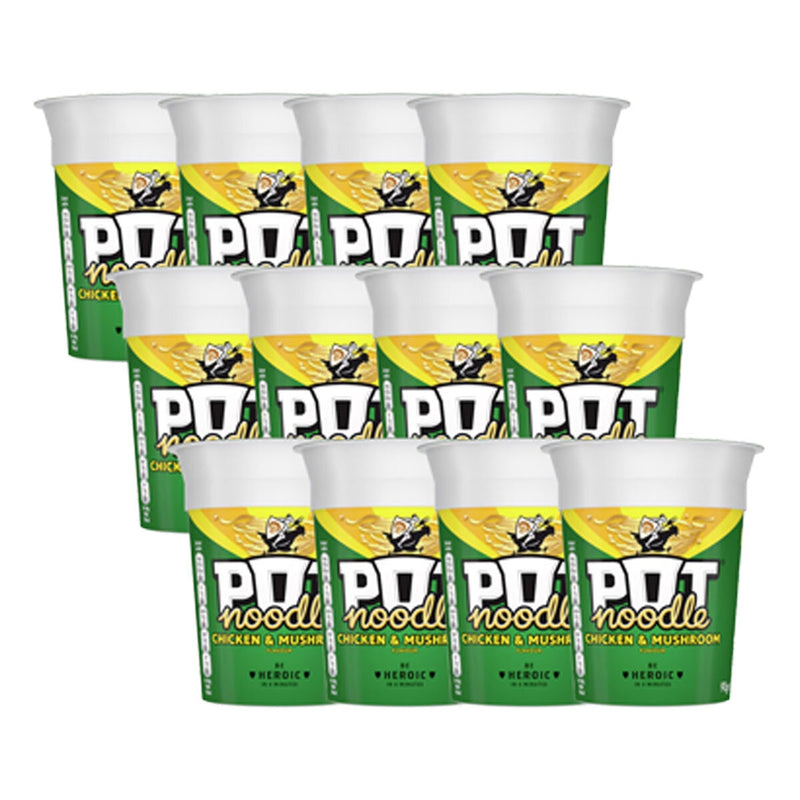 Pot Noodle Chicken & Mushroom flavour instant noodles 12x90g, imported from the UK