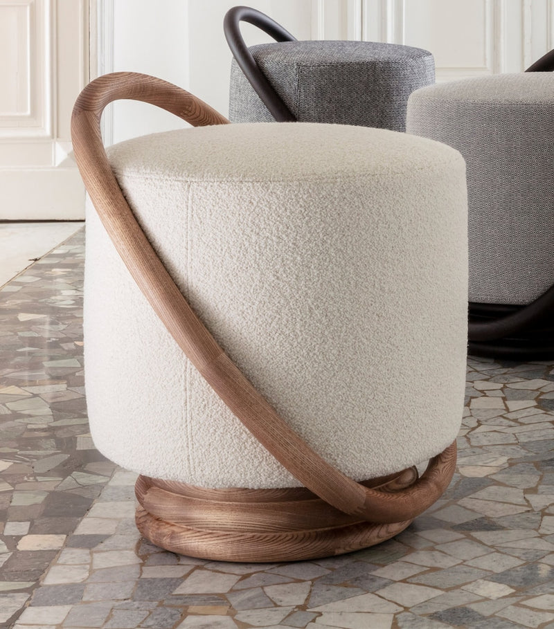 Upholstered Pouf with Wooden Handle and Backrest, 55cm x 52cm x 46cm