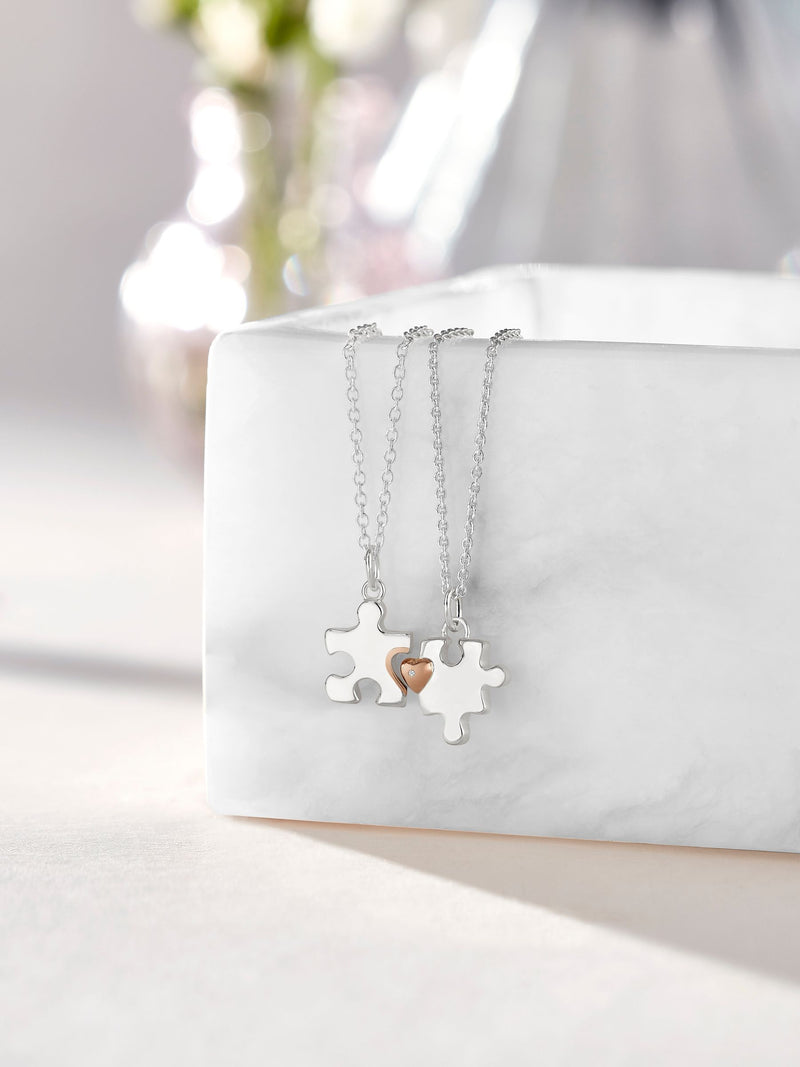 Sterling silver jigsaw necklace set with rose gold plated heart, 35cm chain (British brand)