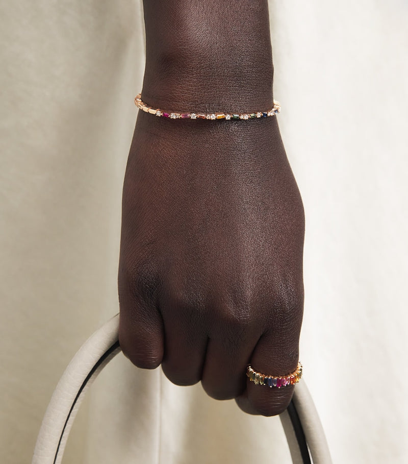 Suzanne Kalan yellow gold bangle with rainbow sapphires and diamonds, UK version