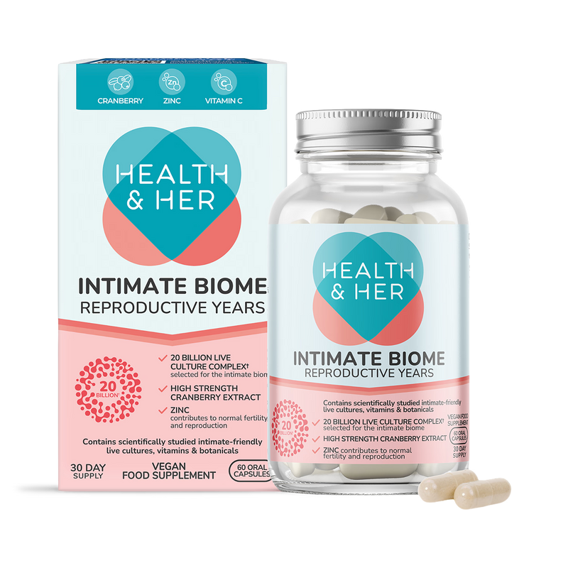 Health & Her Intimate Biome Reproductive Years 60 capsules, imported from the UK