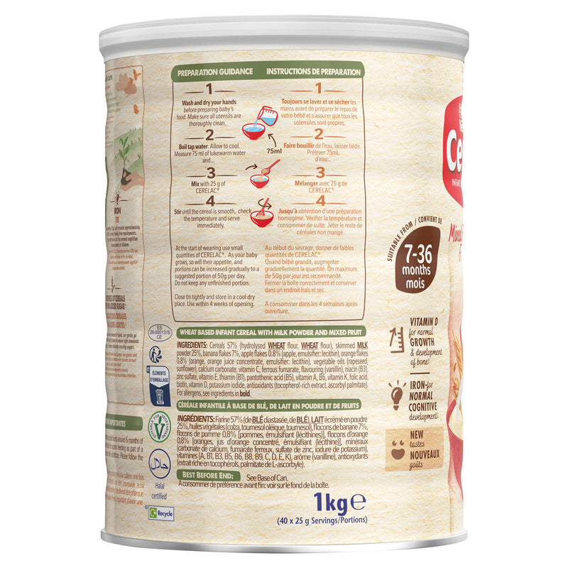 Cerelac baby cereal mixed fruits and wheat 1kg, UK version
