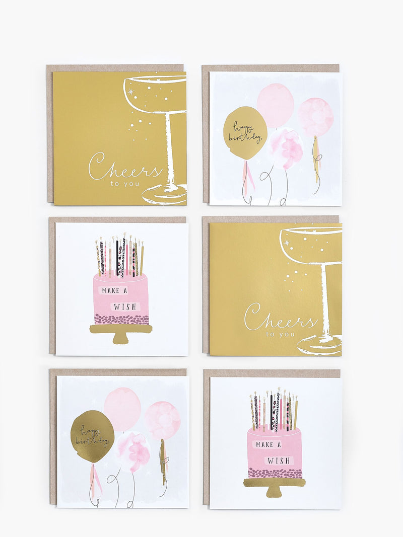 6 pink chic birthday cards 15x15cm, imported from the UK
