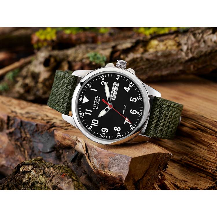 Citizen Eco-Drive analogue watch green canvas strap (British brand)