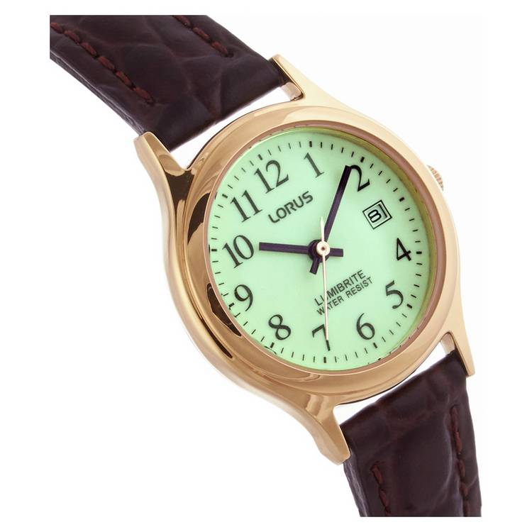 Lorus ladies brown leather strap watch white dial gold case (British brand)