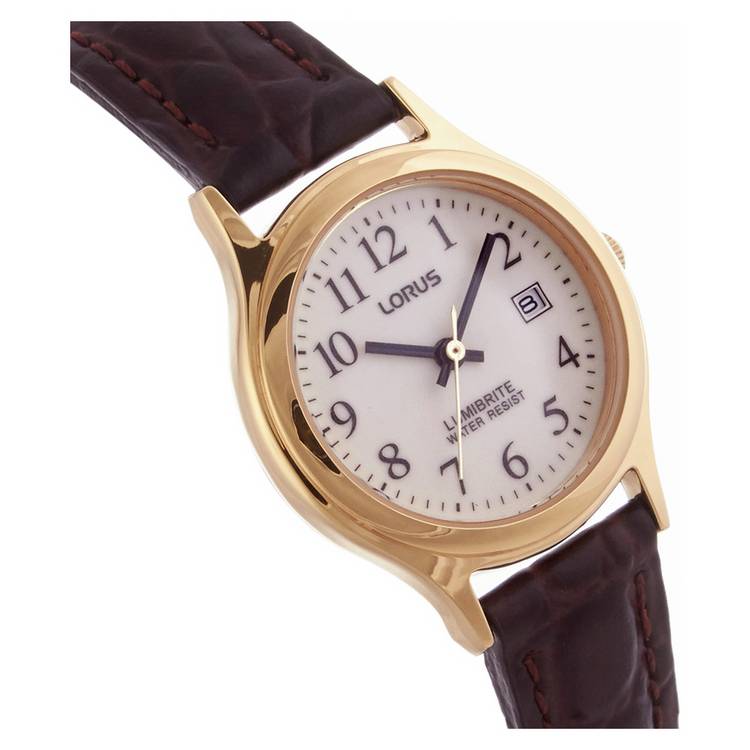 Lorus ladies brown leather strap watch white dial gold case (British brand)