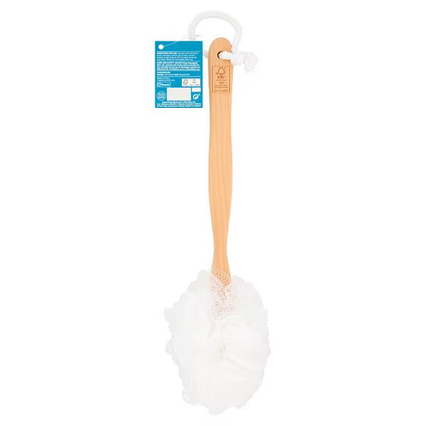 Superdrug long handled body puff FSC wood handle (British brand)
