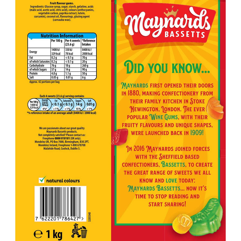 Maynards Wine Gums gummy sweets 1kg, imported from the UK
