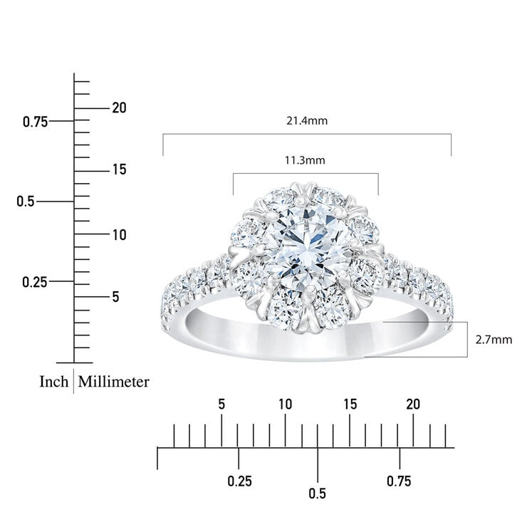 Diamond halo ring round brilliant cut 2ctw 14ct white gold, imported from the UK