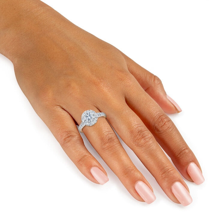 Diamond halo ring round brilliant cut 2ctw 14ct white gold, imported from the UK