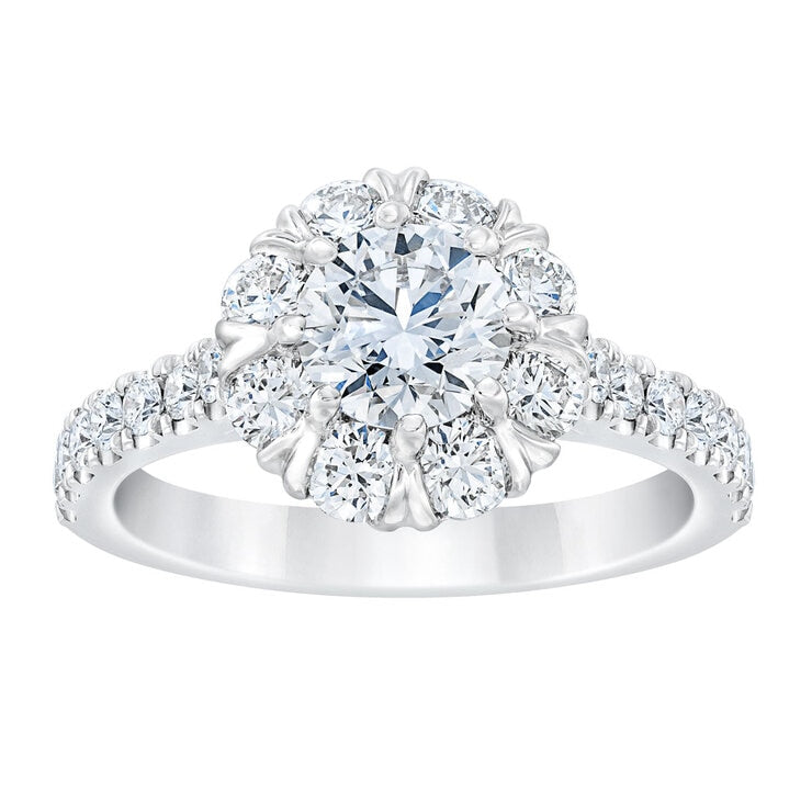 Diamond halo ring round brilliant cut 2ctw 14ct white gold, imported from the UK
