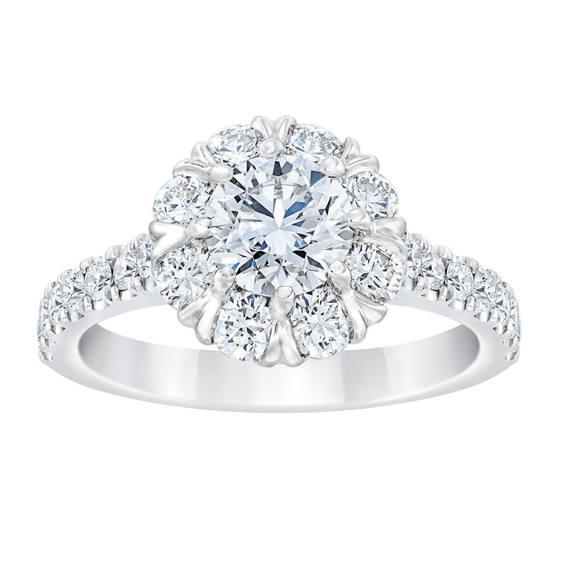 Diamond halo ring round brilliant cut 2ctw 14ct white gold, imported from the UK