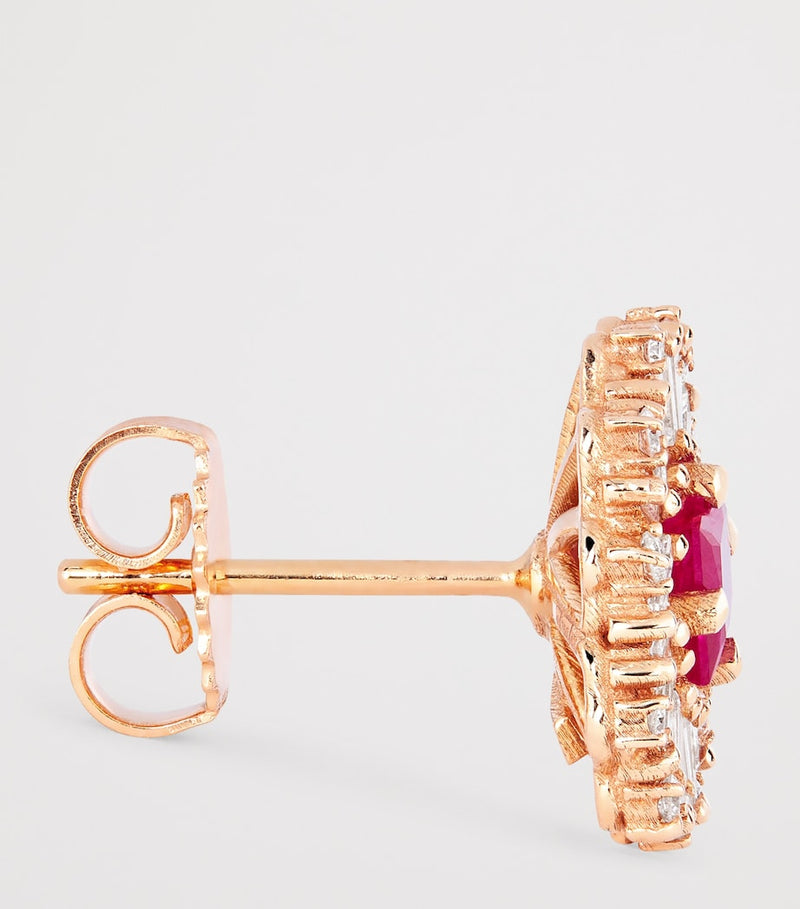 Suzanne Kalan flower stud earrings rose gold diamonds ruby, imported from the UK
