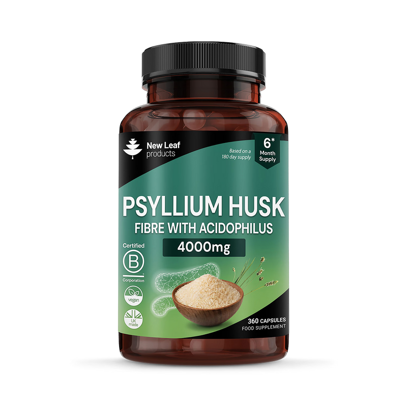 New Leaf Products psyllium husk capsules 365 count, imported from the UK