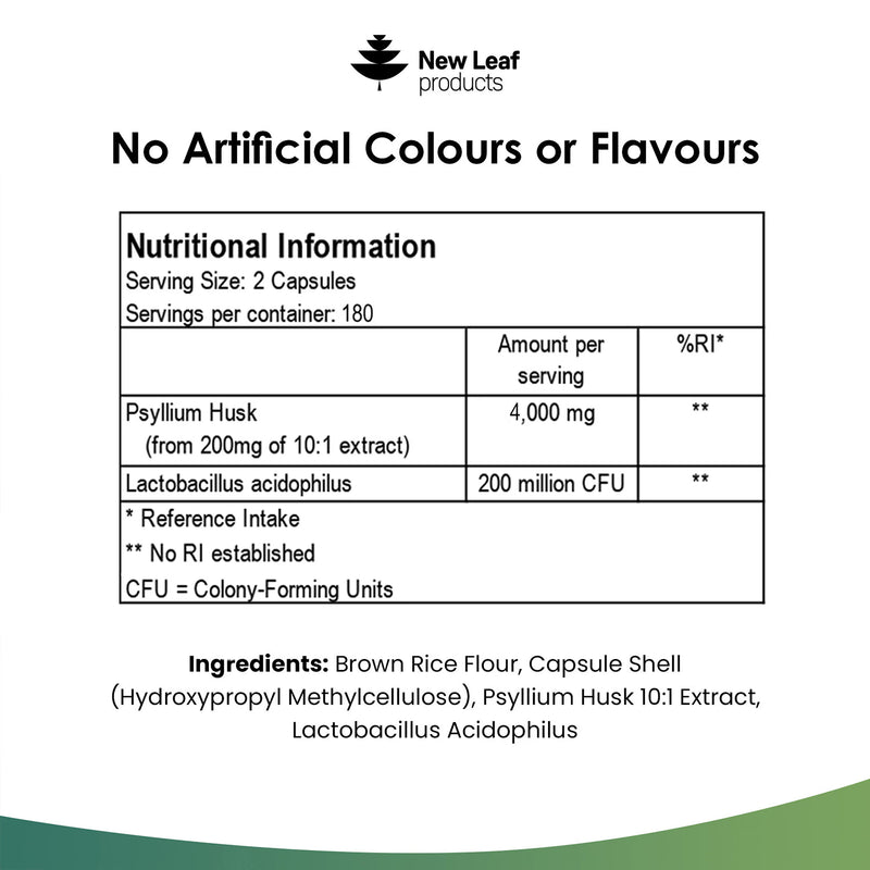 New Leaf Products psyllium husk capsules 365 count, imported from the UK