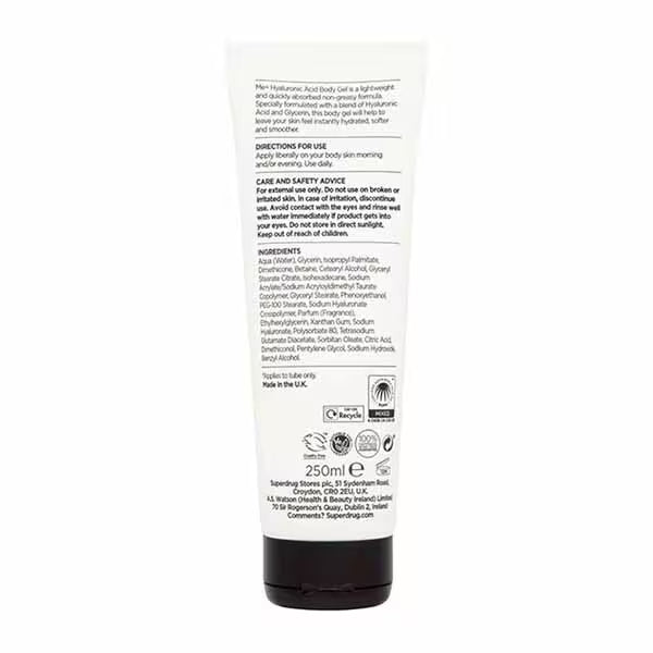Me+ Body Gel Cream Hyaluronic Acid 250ml, imported from the UK