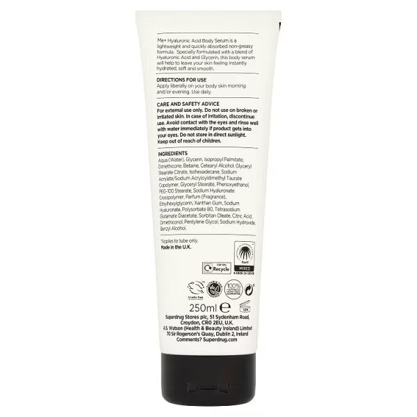 Me+ Body Gel Cream Hyaluronic Acid 250ml, imported from the UK